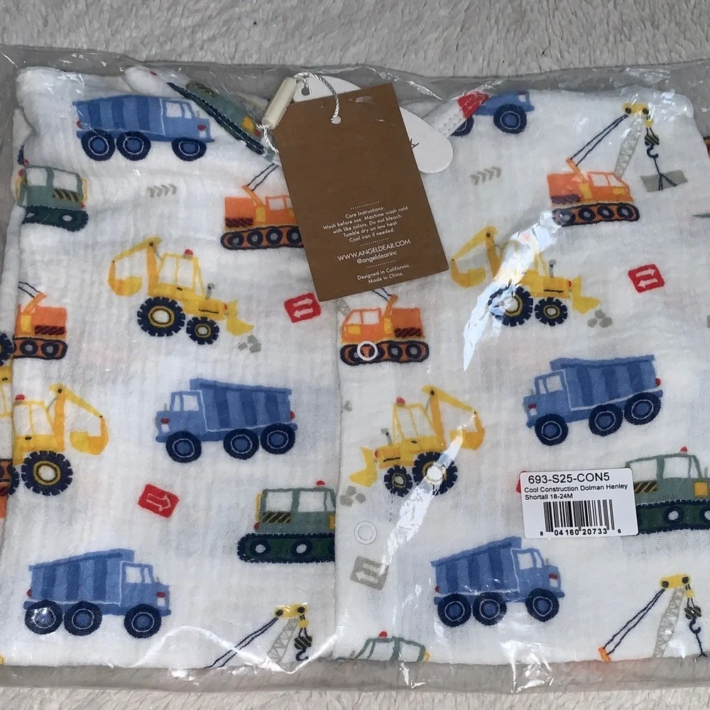 NWT Angel Dear Construction Dolman Henley Shortall Romper Organic Cotton 18-24M